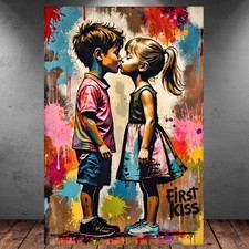 LEINWAND BILD ER XXL GRAFFITI BANKSY FIRST KISS KIDS BUNT ABSTRAKT WAND POSTER