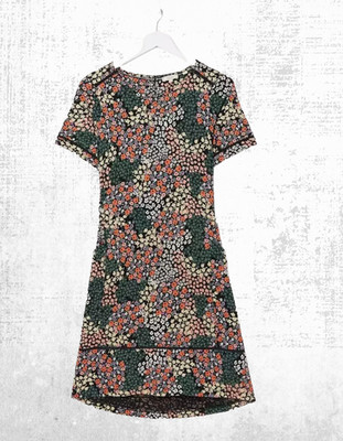 Ex Fat Face Damen Kurzarm Simone Patchwork Blumen Jersey Kleid in Schwarz