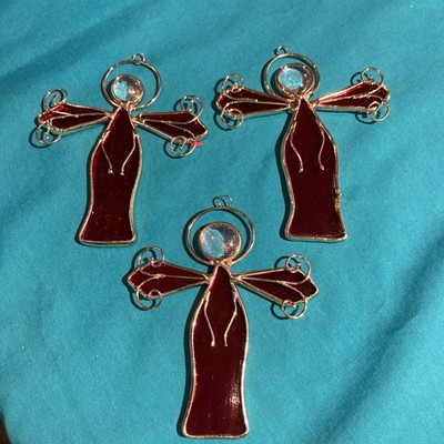 Set of 3 vintage Red Stained Glass Angel Sun Catcher/Tree Ornament 4.5 T  3.5 W