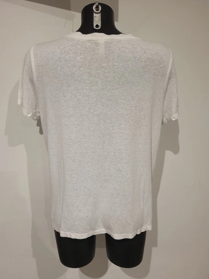 H&M Women's Linen Blend T-Shirt White Size Medium Short Sleeve VNeck T-shirt Top - Изображение 2 из 4