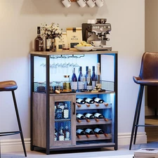Wine Bar Rack Cabinet with LED Light, Adjustable Shelves Coffee Bar Cabinet with