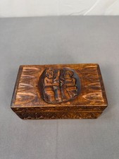 Vintage Hand carved wooden trinket jewelry box folk art rustic carving hinged