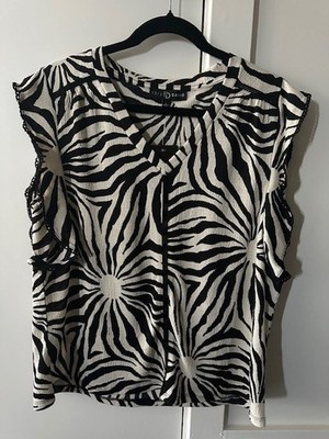 NEW Fred David Women's Blouse Top v-neck Large L Flutter Sleeve Black & Cream