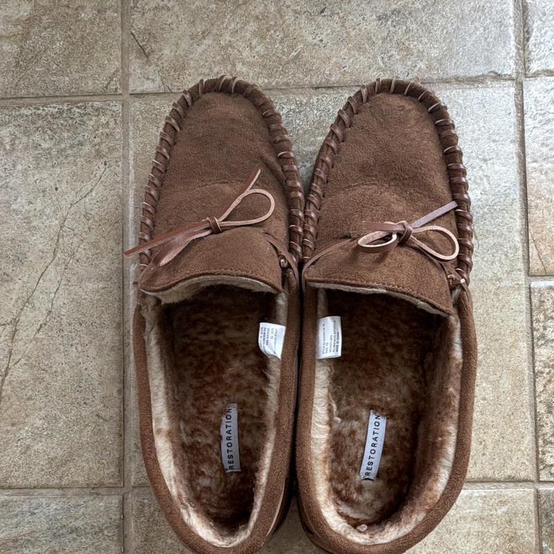 Restoration Men's Suede Moccasin Slippers Faux Fur Lined Brown 13 M 825008
