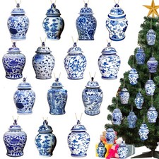 40 Pcs Christmas Wooden Ornaments Blue and White Chinoiserie Hanginge Decor