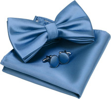 Mens Solid Color Double Fold Pre-tied Bow Tie and Pocket Square Cufflink Set wit