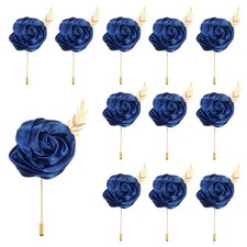 12pcs Navy Rose Boutonnieres Flower Buttonholes Pocket with Leaf 4.7 x 2 Inch 