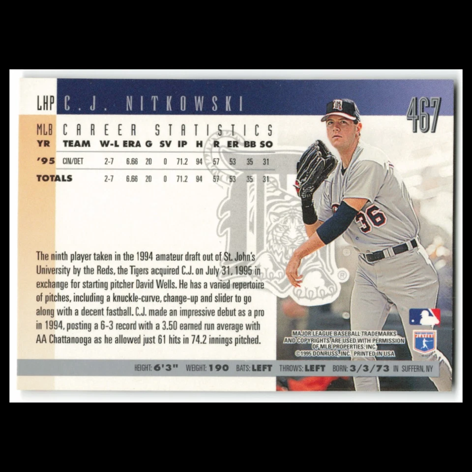 C.J. Nitkowski #467 1996 Donruss Detroit Tigers Baseball Card MLB NM - Image 2 of 3