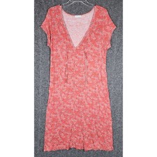 Garnet Hill Knit Dress Womens Medium Pink Orange Floral Rose V-Neck Short Sleeve