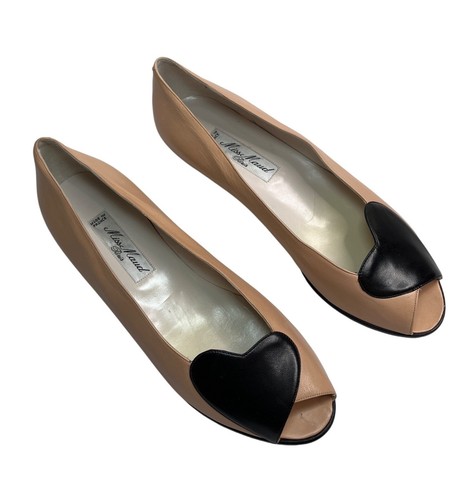Miss Maud Paris Leather Peep Toe Flats Heart Accent Beige Size 39