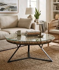 Driftwood Round Coffee Table With Glass Top And Metal Legs 
