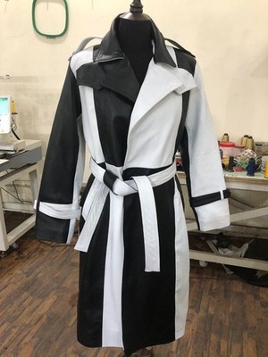 Women's Black White Patchwork Leather Trench Coat Belted Long Jacket Handmade