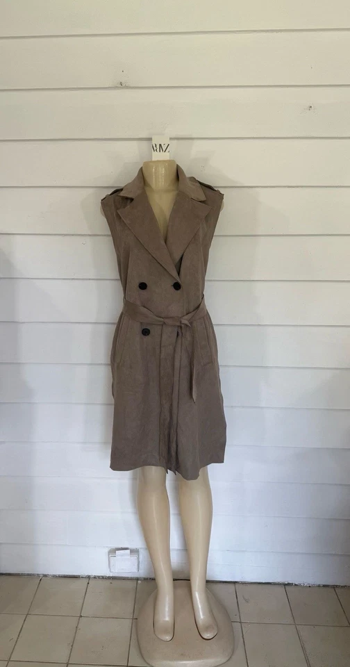 New Zara Women Double Breasted Brown Faux Suede Belt Jacket Vest Size M Y1117 - Image 2 of 4