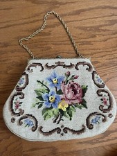 Vintage Needlepoint Tapestry Clutch Rose Floral Purse Gold Tone Chain 13x10  