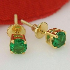 3Ct Round Cut Lab Created Emerald Solitaire Stud Earrings 14K Yellow Gold Plated