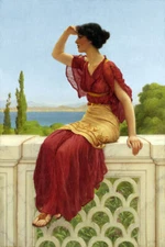 THE SIGNAL YOUNG WOMAN ISOLATION WAITING PAINTING BY JOHN WILLIAM GODWARD REPRO 