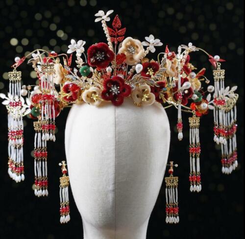 Chinese Ethnic Style Bridal Headdress Red Velvet Flower Crystal Tassel Crown - Picture 1 of 5