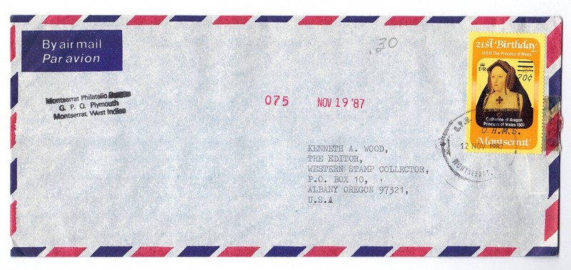 Monserrat 1987 Official cover with revalued O. H. M. S. stramp SG # O59