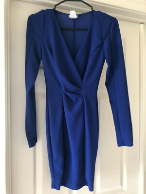 BRAND NEW TOBI Women's Small Dress Long Sleeve V Neck Blue Rouged Fitted  Fashion