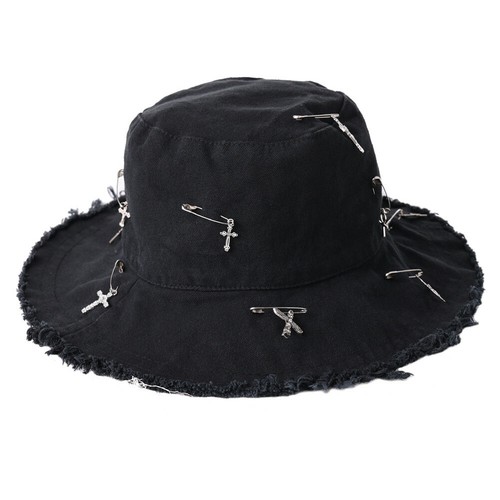 Gothic Girl Black Bucket Hat with Cross 