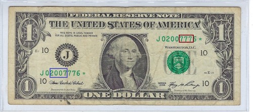 US$ 1 FRN STAR,Fancy SN TRIO Lucky 777,Can Read Date 2007 Kansas City VF FN63