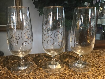 Three Elegant Pier 1 Glassware Iced Tea Glasses, Gold Swirl, 7.25'' T NEW