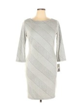 SHARAGANO Gray Dress Fitted Stretch Stripes Size 14 Versatile Modest Work 3/4 