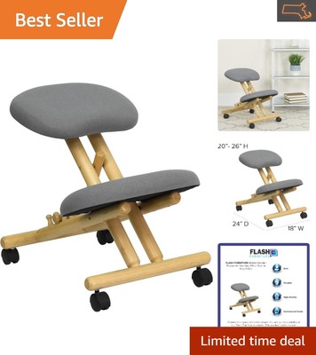 Ergonomic Kneeling Office Chair - Gray Fabric, Adjustable Height, Natural Woo...