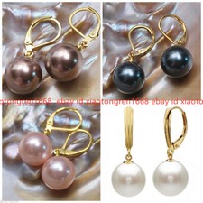 4 Colors 8/10/12/14mm South Sea Shell Pearl Gold Leverback Dangle Earrings
