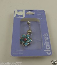 blue crystal bling Flower dangle blue belly button naval ring piercing