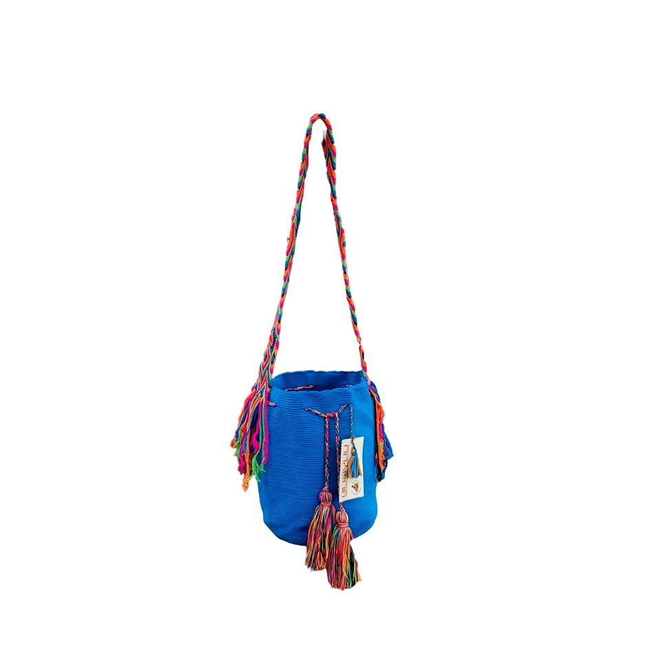NUEVO CON ETIQUETAS 🔥 Bolso Mochila Wayuu Grande Colombiano Hecho a Mano Sólido Informal Calidad Superior AZUL Foto 4 de 4