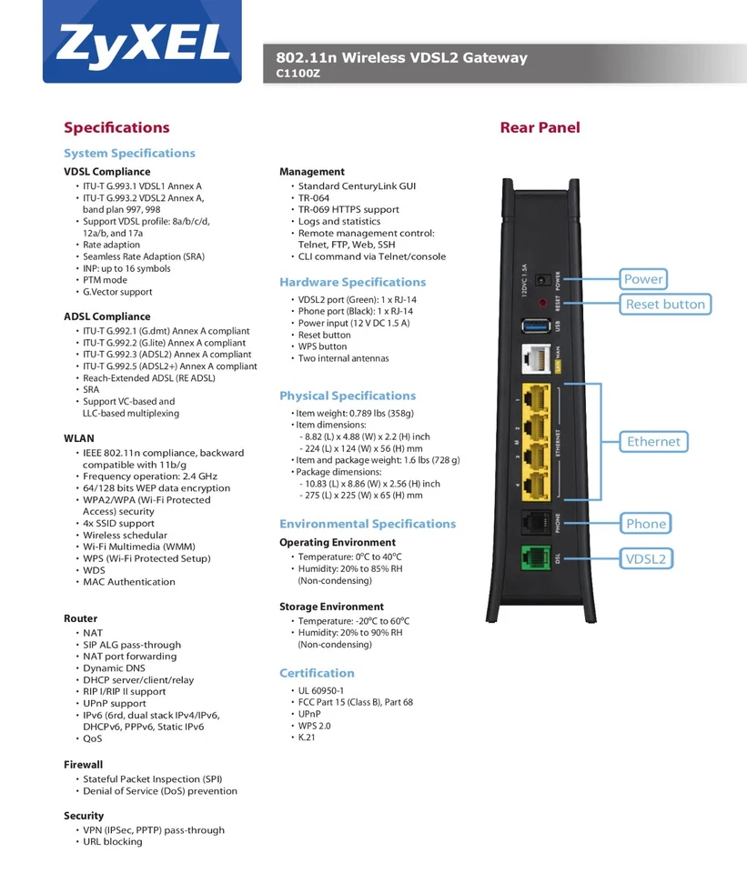CenturyLink ZyXEL C1100Z 802.11n Wireless Modem Router ADSL2+ VDSL/ GPON SEALED - Image 4 of 4