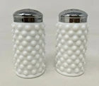 VTG MCM Fenton Hobnail White Milk Glass Salt & Pepper Shakers Metal Lids SS21