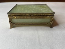 Antique Chinese Brass Carved Jade Dresser Jewelry Box Tea Caddy
