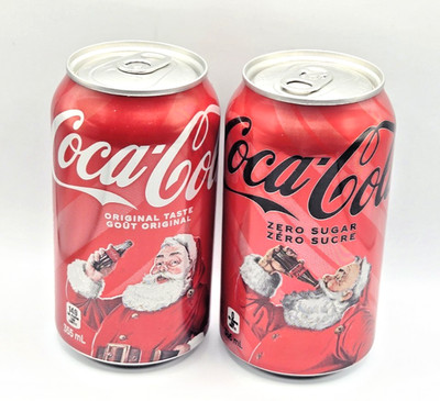 Coca-Cola + Zero 355mL ~ Canada 2025 Christmas Santa ~ 2 Empty Cans Closed tabs