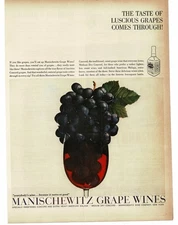 1959 Manischewitz Fruit Wines purple grapes in glass of red Vintage Print Ad