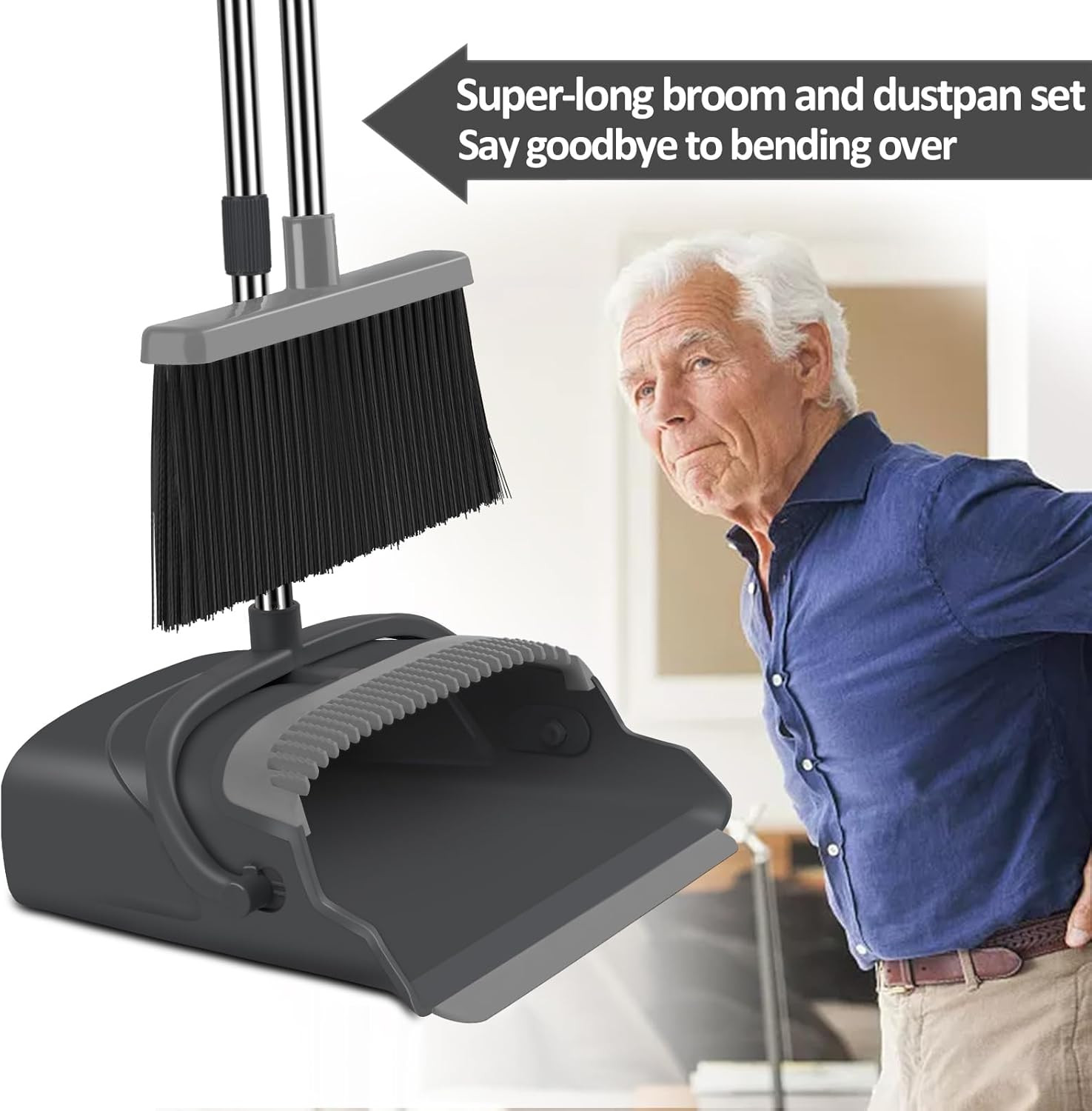 Broom and Dustpan Set for Home, Office, Indoor&Outdoor Sweeping, Stand up Broom 