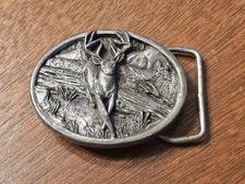 1984 Bergamot Brass Works Deer Belt Buckle F-143 Buck Deer Log Forrest Vintage 