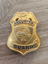 Vtg 3” SECURITY GUARD Goldtone Badge w/ Eagle & Lion on Justic Scale Thick Metal