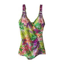 Vintage Maxine of Hollywood One Piece Swimsuit Women 12 Tropical Floral Ruched