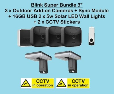 Blink Outdoor Kamera Super Bundle 3x: Sync Modul + USB Drive + Solar + Aufkleber