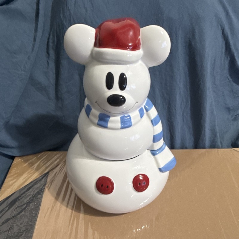 Ceramic Snowman Cookie Jar with Lid White Red Hat Blue Scarf Holiday