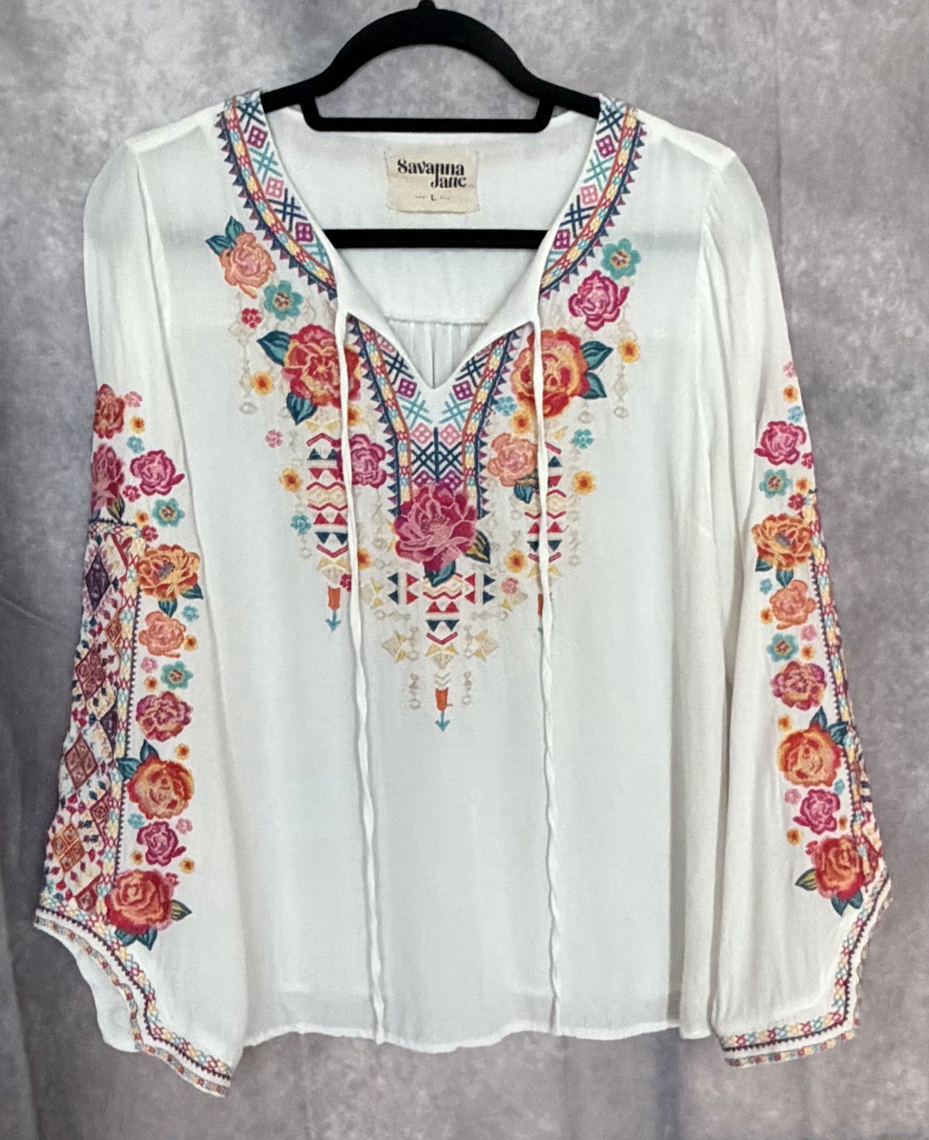 Savanna Jane Boho Embroidered Peasant Blouse White Floral Rayon L