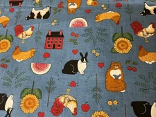 Folk Primitive Art Farm Animals Design Fabric Textile Cloth Fabric Traditions