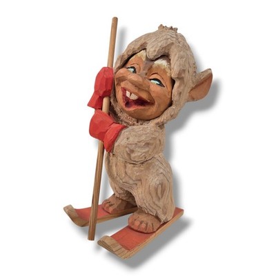 Vintage Henning Engelsen Troll Hand Carved Skiing Norwegian Wood Carving 8.5''