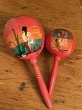 Vintage Handmade Hand Painted Maracas Made in Mexico Gourds 7" Pair Folk Art