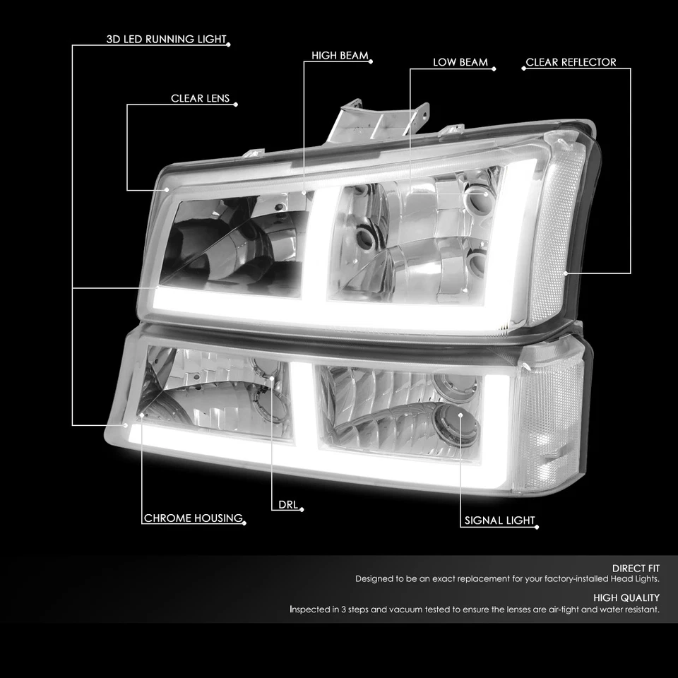 Para 2003-2007 Silverado 1500-3500 F-LED DRL Faróis Lâmpadas de Amortecedor Cromadas Transparentes - Imagem 2 de 4