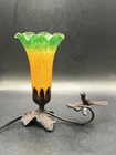 Vintage Tiffany Style Tulip Glass Lamp with Green Amber Shade Brass Bird Base 8"