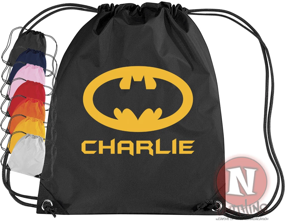 Personalisierte Kordelzugtasche BATMAN Schule Fitnessstudio PE Kit Sport Kindernamen hinzufügen