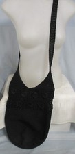 VINTAGE FRANKIE  JOHNNIE BLACK KNIT/CROCHET CROSS BODY BAG, RIBBON ACCENTS